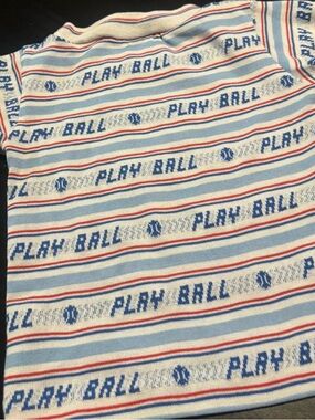 Vintage Health Tex Striped Knit Top with "PLAY BALL" Motif - Blue/White/Red